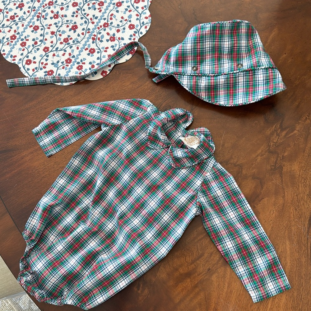 The Beaufort bonnet Company- Christmas plaid onesie with matching bonnet-